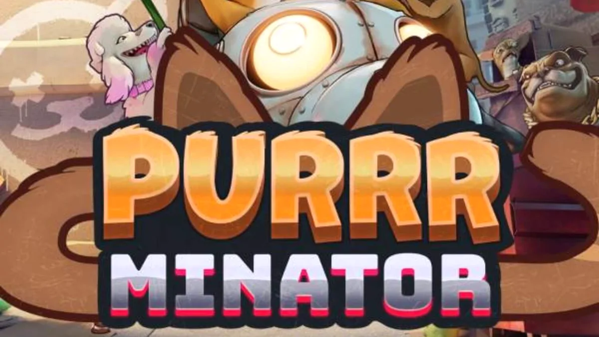 Tampilan antarmuka seluler slot Purrrminator Dream Drop dengan tema dystopian cyberpunk.