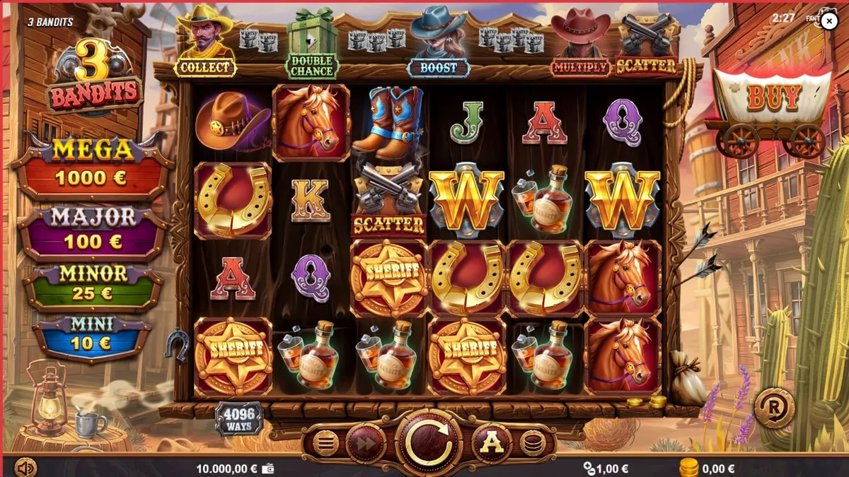 Tampilan visual slot 3 Bandits dengan tema Wild West yang penuh aksi